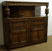 Early 20th century oak court cupboard, moulded top, cup and cover carved supports,