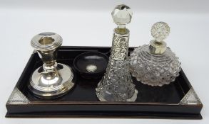 Edwardian ebony and silver mounted desk stand, H F Daltrey & Co, 1901, with matching bowl,