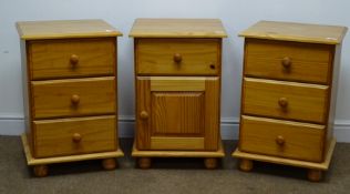 Pair pine bedside chests, three drawers, bun feet (W44cm, H66cm,