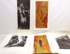 'Celtic Cross', 'Gold on Red' and three other contemporary block prints, indistinctly signed,