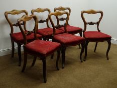 Set of six William IV rosewood balloon back chairs, shaped cresting rail, upholstered seat,