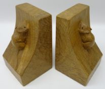 'Mouseman' pair adzed oak bookends by Robert Thompson of Kilburn, H15.