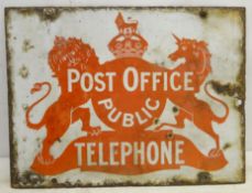 Post Office Public Telephone oblong two-sided enamel sign by Bruton London,