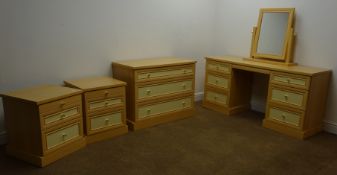 Modern pine and cream finish bedroom suite comprising,