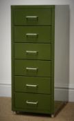 Set of green metal filing chest, six drawers, W28cm, H69cm,