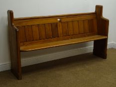 Early 20th century pitch pine pew, W162cm, H90cm,