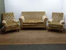 Early 20th century two seat drop end sofa (W153cm) and two matching armchairs (W88cm) upholstered