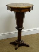 Victorian walnut sewing table, marquetry inlaid octagonal top enclosing fitted interior,