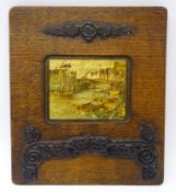 Victorian oak picture frame, carved foliate mounts with Whitby print,