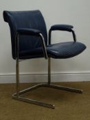 Mid 20th century armchair, upholstered in a blue leather style material, chrome supports,
