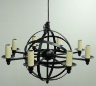 Jim Lawrence wrought iron eight light globe pendant light fitting,