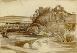 Ludlow Castle, brown wash watercolour by John Charles Moody (British 1884-1962)