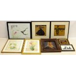 Four 19th century coloured engravings of birds, two contemporary watercolours of flowers,