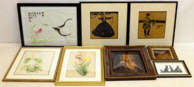 Four 19th century coloured engravings of birds, two contemporary watercolours of flowers,