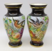 Pair porcelain baluster vases hand painted with still lives of fruit and birds with gilded borders,