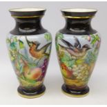 Pair porcelain baluster vases hand painted with still lives of fruit and birds with gilded borders,