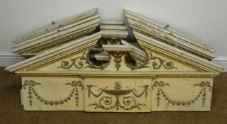 Five white and gilt architectural door mantles, broken arch pediment,