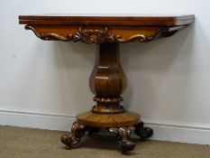 William IV rosewood folding tea table, carved frieze, single column, carved cabriole feet, W92cm,