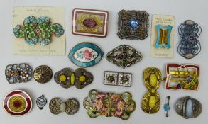 Early 20th century continental enamel and gilt metal belt buckles, some guilloche examples,