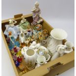 Royal Doulton and Coalport figurines, Goebel figure Charlot and two others, two Beswick Hounds,