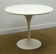Tulip type circular white finish dining table on tapering support with circular base, D90cm,