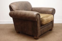 Barker & Stonehouse armchair upholstered in brown leather with loose fabric cushion,