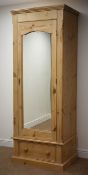 Solid pine wardrobe with single mirror door on a single drawer base, W76cm, H206cm,