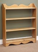 Pine four tier open bookcase with raised shaped back, W86cm, H101cm,