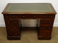 Victorian mahogany twin pedestal desk, inset tooled green leather top, nine drawers,