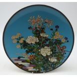 Chinese Cloisonne circular charger decorated with flowers and bamboo trellis on blue ground, D30.