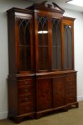 George lll style mahogany breakfront bookcase, four Gothic glazed doors,
