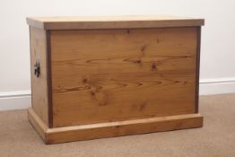 Early 20th century pine chest, hinged lid with stay, two metal handles, W125cm, H63cm,