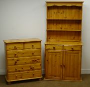 Solid pine small dresser, moulded top, two shelves above two drawers and cupboards (W85cm, H174cm,