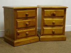 Pair solid pine bedside chests, three drawers, plinth base, W44cm, H56cm,
