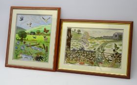 Two embroidered pictures by David Perray titled 'Yellands Meadow' and 'Barn Owl',