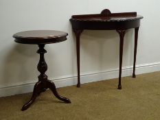 Reproduction mahogany D shaped side table on turned supports, W90cm, H84cm, D39cm,