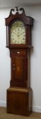 19th century inlaid oak longcase clock, broken arch pediment, painted dial,