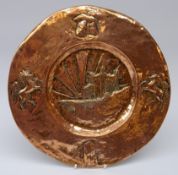 Arts and Crafts embossed copper charger depicting Rochester Castle, D28.