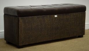 Modern wicker and studded faux leather blanket chest ottoman, W121cm, H50cm,