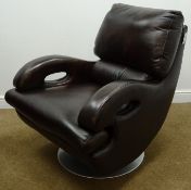Modern brown leather upholstered swivel chair, shaped arms on chrome base, H95cm, D98cm,