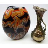 Large Art glass oval vase H36cm and Art Nouveau bronze style vase by Past Times,