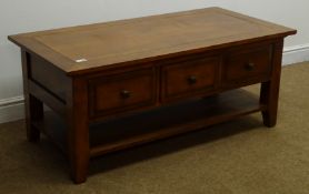 Hardwood coffee table, three through drawers, square supports joined by an undertier, W120cm, H50cm,