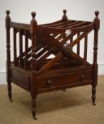Regency style mahogany Canterbury, single drawer, turned supports, W48cm, H61cm,