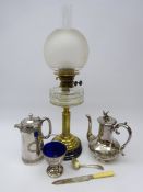 Victorian brass oil lamp, clear glass reservoir, shade and chimney H66cm silver plated coffee pot,