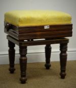 Edwardian rosewood adjustable piano stool, upholstered seat, turned handles and supports, W53cm,