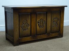 Medium oak blanket box, hinged lid, panelled and carved front, stile supports, W93cm, H53cm,