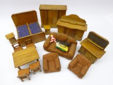 1940s wooden dolls house bedroom and living room furniture including a sideboard, L19cm, wardrobe,