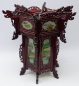 Chinese lantern light fitting, fretwork wooden frame with painted glass panes,