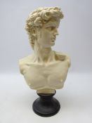 Composite bust of David after Michelangelo on ebonised socle plinth,