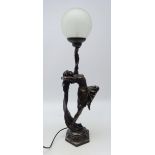 Art Deco style bronzed table lamp of a dancer, with globular frosted glass shade on hexagonal base,